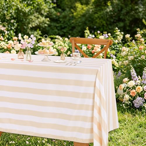 Beige and White Striped Rectangle Tablecloth 57x120 Inch 2 Pack Daily Decor