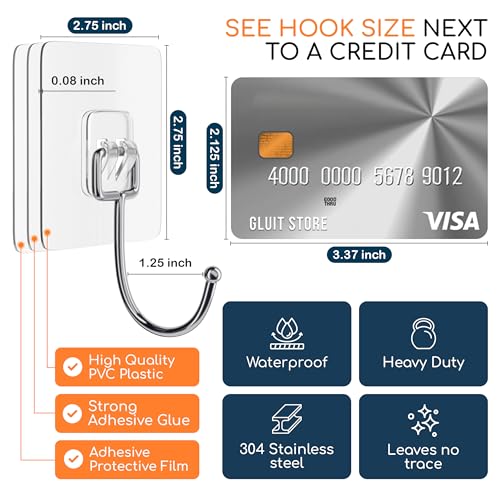 GLUIT-Adhesive-Large-Wall-Hooks-for-Hanging-Heavy-Duty-22-lbs-Hooks-for-Walls-No-Damage-Towel-Sticky-Clear-Hooks-Waterproof-Home-Bathroom-Kitchen-Office-and-Outdoor-6-Pack