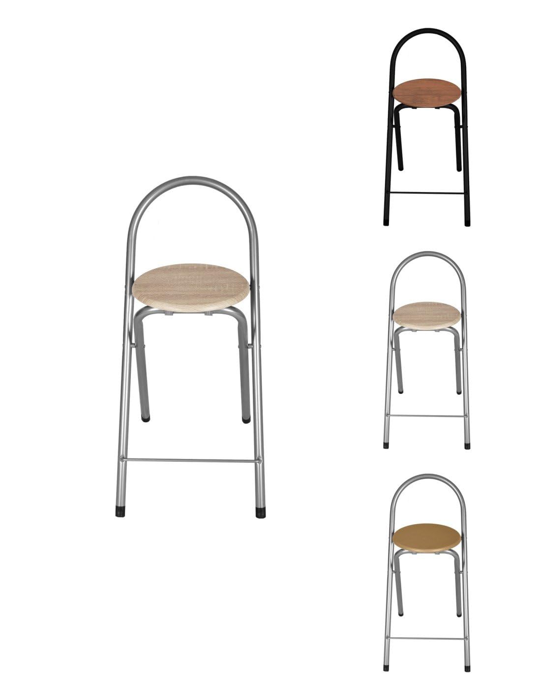 Jardin202 - Taburete Plegable 80x40x45 cm - Elegante y Duradero en Negro y Plata con Reposapiés, Ideal para Cocina | Unidad (Plata/Haya)