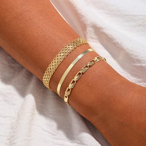 14K Gold Bracelets for Women Dainty Waterproof Jewelry Set Minimalist Stackable Herringbone Cuban Chain Fashion Charm Gold Bracelets Trendy Accessories for Gifts4