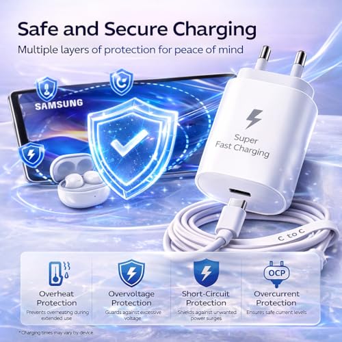 Image of 25W USB C Fast Charger Adapter with Type C to C Cable for Samsung Galaxy S24 /S23, A36 /A35 /A26 /A17 /A16 /A15 /A07 /A06, M56 /M55 /M36 /M35 /M17 /M17e /M16 /M15 /M07 /M06 /M05, F56 /F55 /F36 /F17 /F16 /F15 /F07 /F06 /F05