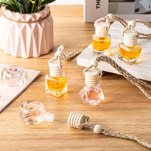 Image of Zubebe 500 Pcs Hanging Car Diffuser Bottles Bulk, 5 Styles Empty Glass Refillable Air Freshener Bottles with Wooden Cap for Perfume Essential Oils Fragrance Aromatherapy Ornament, 8ml 10ml