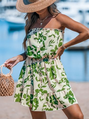 Image of CUPSHE Womens Strapless Floral Mini Dress Tiered Ruffle Tube Summer Dress | Decorative buttons Elastic tube top Elastic waist Tiered hem, Casual Beach Vacation Sun Dress