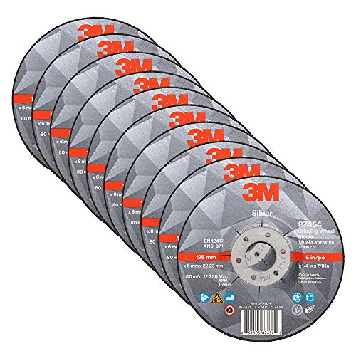 3M Silver Depressed Center Grinding Wheel, 87454, T27, 5 in x 1/4 in x 7/8 in, Pack of 10, Deburring Edges, Heavy Stock Removal, Stainless Steel, Mild Steel, Right Angle Grinding by 3M - Used condition - US$23.47