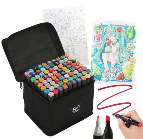 FTBOL イラストマーカーペン マーカーペン 【80色、120色 】 太細両端 コミック用 油性アルコールマーカー 収納ボックス付き プロ用、マーカー用、イラスト用、子供、絵画、漫画、コミック用 ア 事務用品 文房具 (80本)