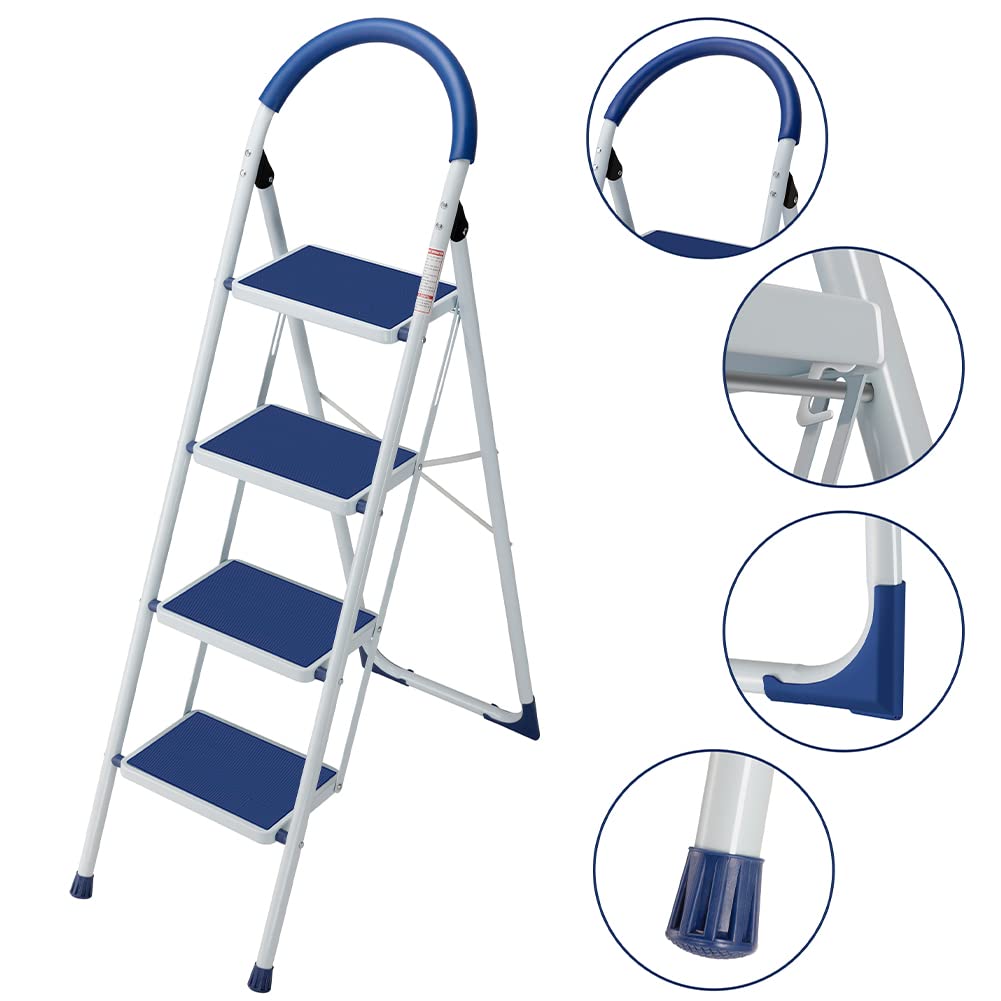 Bakaji Scala Scaletta Pieghevole Salvaspazio con Gradini Antiscivolo e Maniglione di Sicurezza Sgabello Scaletto Struttura in Acciaio e Rivestimento in Gomma Portata massima 150kg (4 Gradini Blu)