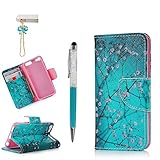 MOLLYCOOCLE iPod Touch 6 Case, Wallet Purse Credit Card ID Holders Magnetic Pink Flower Bule Premium PU Leather Soft TPU Bumper Slim Fit Flip Folio Case Cover for iPod Touch 5
