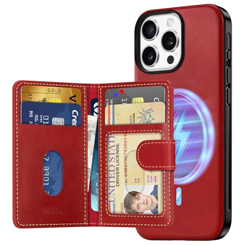 Coque iPhone 16 Pro Max Shieldon portefeuille cuir véritable rouge avec étui amovible