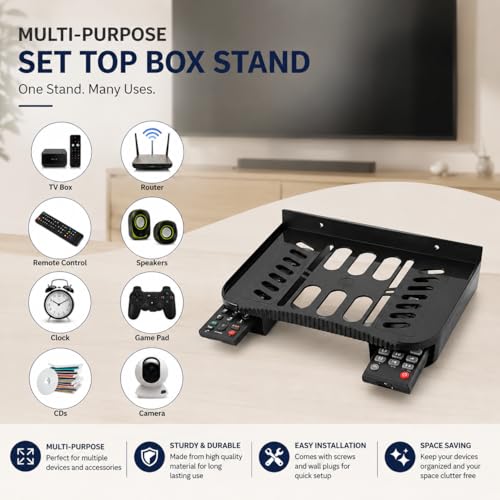 Image of Set Top Box Stand Wall Mount Shelf for WiFi Router, DTH Setup Box Holder, Remote Organizer Rack, Plastic Wall Shelf for TV Accessories, Router, CCTV DVR & Gaming Accessories (Black)