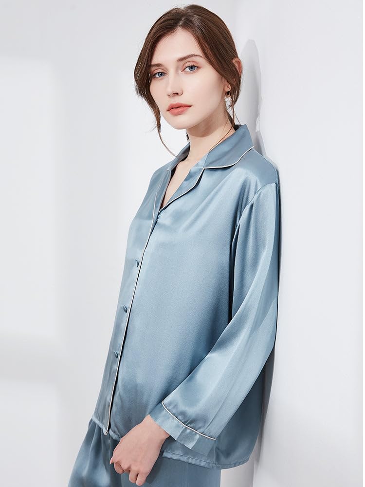 Ginell Tranquility Series - Conjunto de pijama de seda para mujer, 100 % seda de morera, colores lisos, botones frontales, conjunto de pijama de 2 piezas