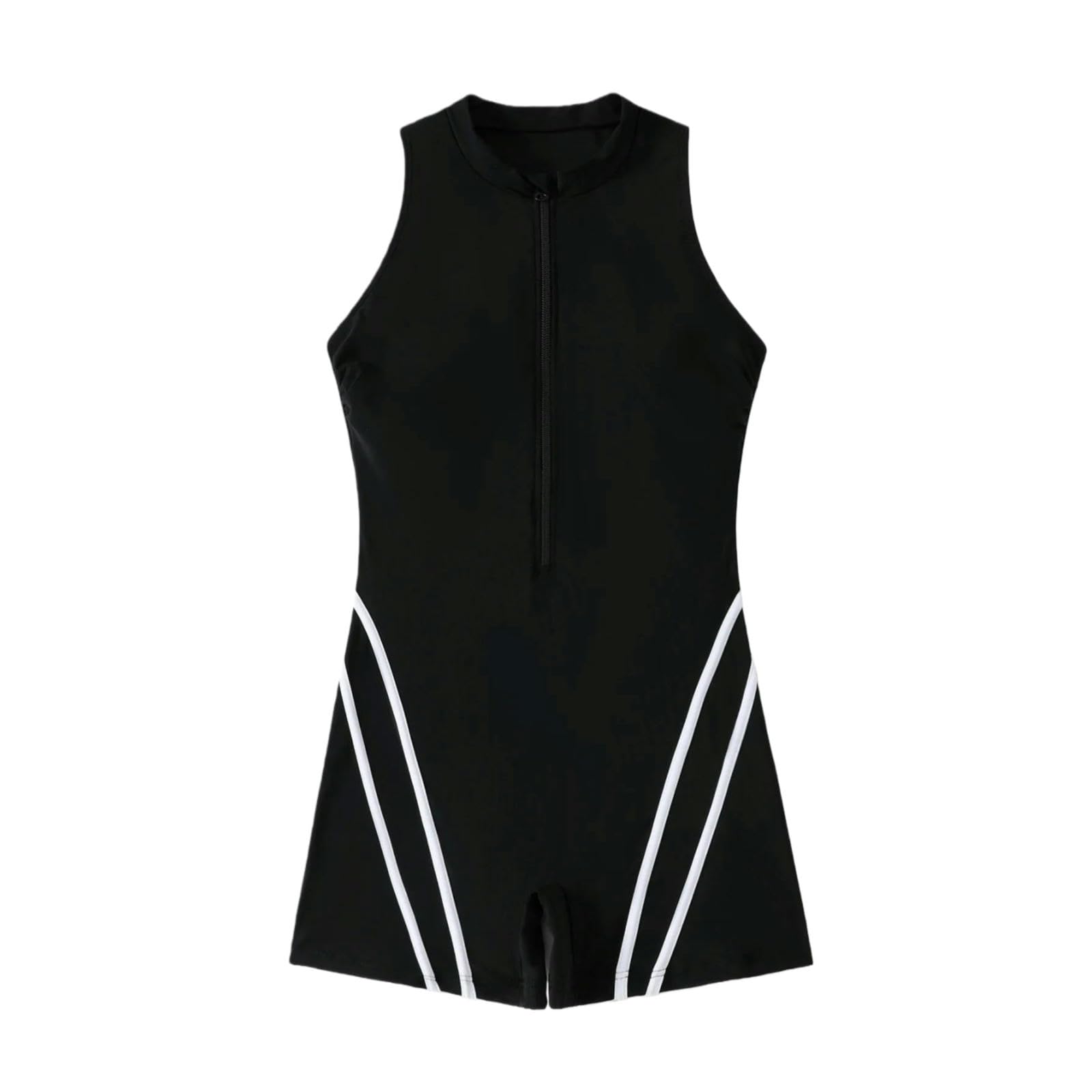 Bañador Plus Tamaño Cremallera Delantera Una Pieza Traje De Baño Mujeres Upf50 Control Abdominal-Black White-1xl