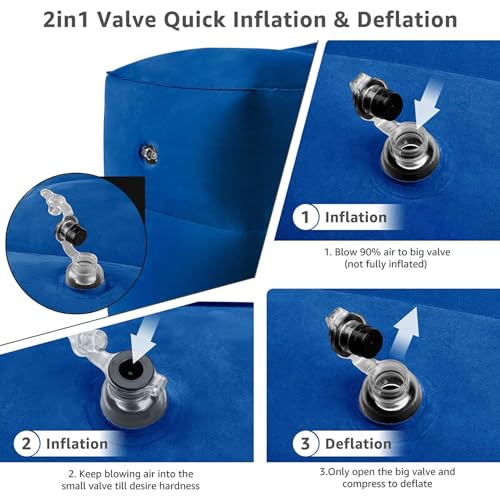 Image of Inflatable Travel Foot Rest Pillow - 3-Layer Adjustable Height Leg Rest for Airplane, Car, Office & Toddler Flight Seat Extender - Soft Flocked PVC, Portable with Pump & Dust Bag (Pack of 2, Blue)