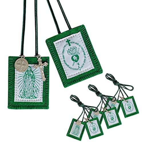Green Scapular, 3 Pack Bulk Scapulars Catholic Of Immaculate Heart of Mary Green, Escapularios Catolicos Scapular Catholic Necklaces Religious Gift For Women Man With St Benedict Medal Crucifix