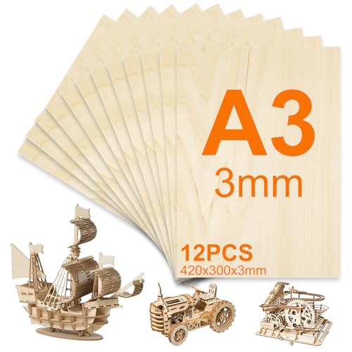 TOSUTO 12 Piezas Madera Contrachapada 3mm,Madera de Balsa Fina 42 x 30 cm,Tablero Contrachapado de Tilo A3,Sin Terminar Tablero Madera para Corte por Laser,CNC Router,Modelado,Calado,Manualidades