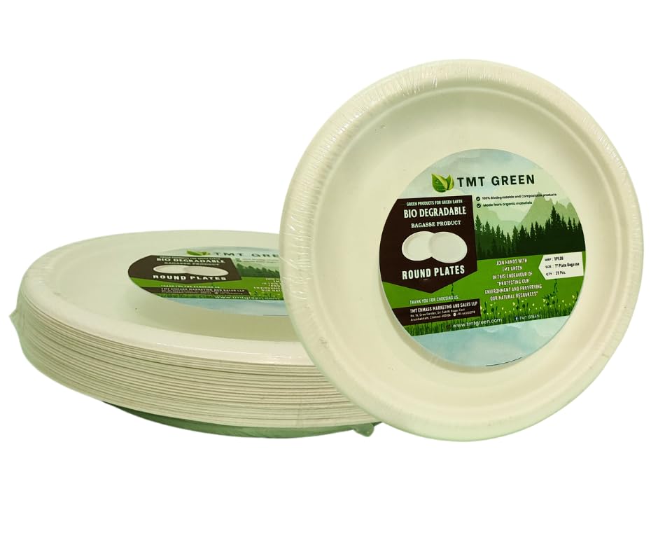 TMT GREEN Disposable Plates 10 Inches (Pack of 25), Sugarcane Bagasse, Eco - Friendly, Birthday, Wedding and Party (10 Inch, 25)