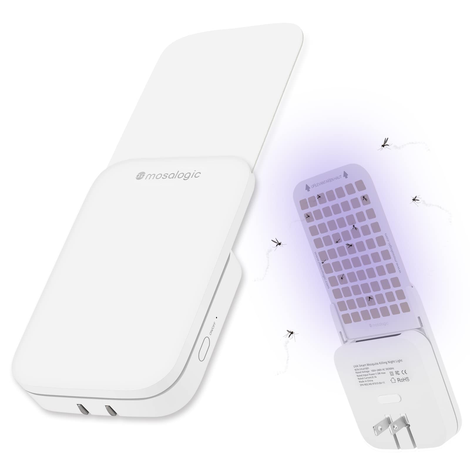 Mosalogic Fly Insect Trap Plug-in Mosquito Killer Indoor Gnat Moth Catcher Fly Tapper with Night Light UV Attractant Catcher for Home Office (White-2pack)