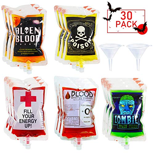 POKONBOY 30 Pack Halloween Novelty Blood Bags Drink Container with 2 Funnels for Halloween Party Decorations, Reusable Food Grade 6 Patterns 8.5OZ Bags Halloween Party Cups for Theme Parties, Zombie, Vampire Party Favors