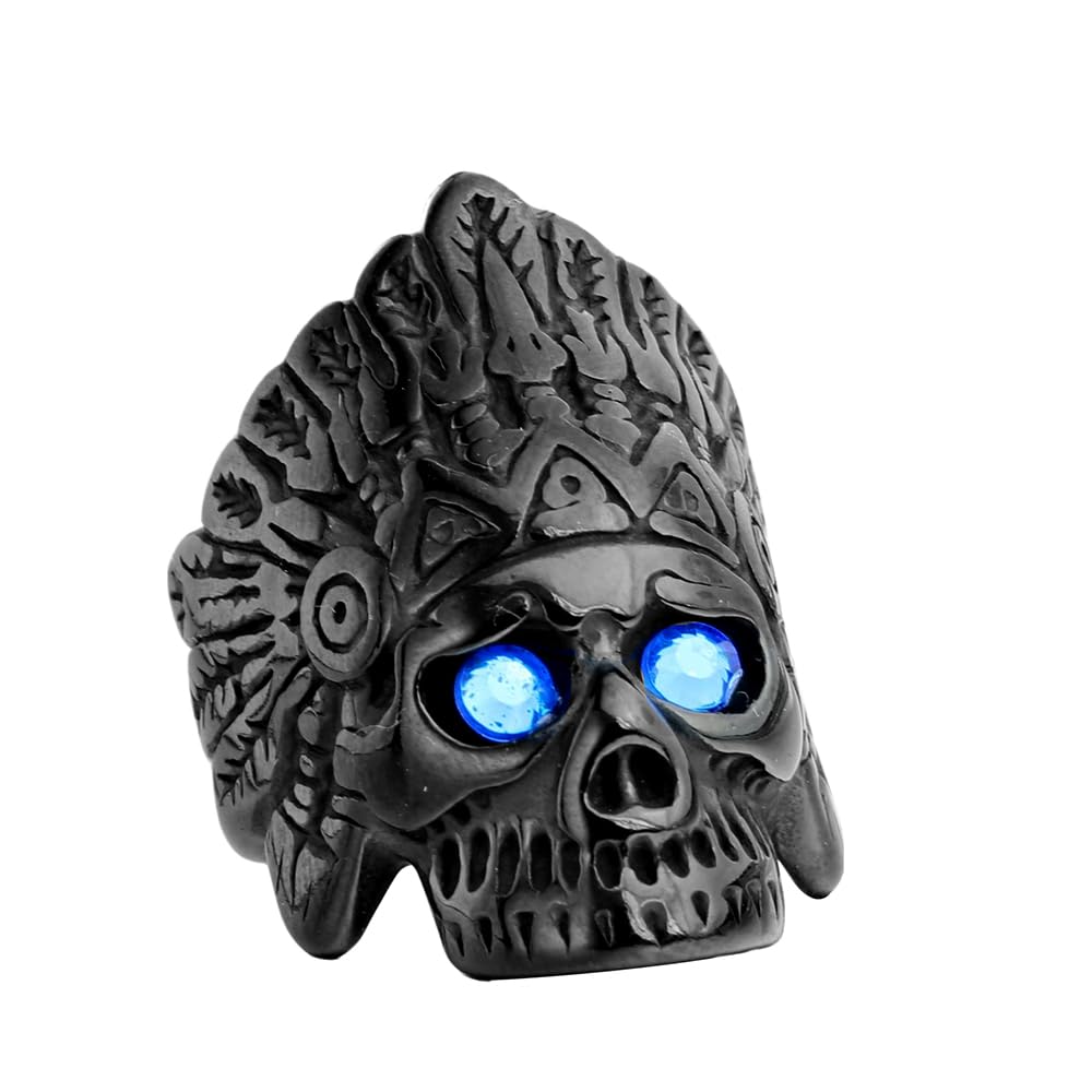 PAURO Cool Feather Dayak Indian Headdress Punk Skull Stainless Steel Mens Ring