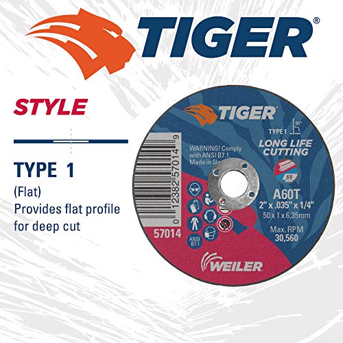 Image of Weiler 57014 2-Inch Cutting Wheel, Tiger AO Steel /Metal Long Life, Performance Cutting, 0.035 inch A60T Type 1 1 /4 inch Arbor (Pack of 100)
