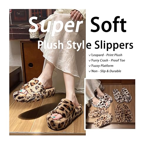 Women's Leopard Print Plush Slippers, Furry Crash - Proof Toe, Non - Slip Durable Sole, Fuzzy Platform Slides for Cozy Daily Wear2