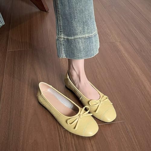ChaiRong Zhou Women Bowknot Square Toe Pu Leather Flats Slip on Casual Dress Office Driving Shoes3