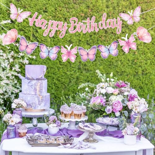 Image of Yajuo Pink Butterfly Birthday Banner, 63 inch x 23.6 inch, Fade Resistant, Lightweight, Women /Girls /Teen Girls