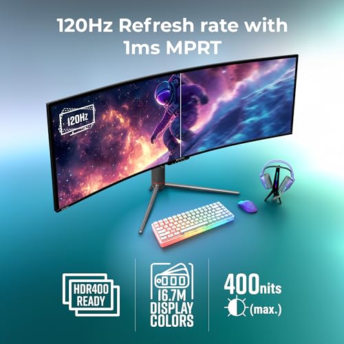 Image of ZEBRONICS N49A 49 inch inch (124.5 cm) 1800R Curved Ultrawide Gaming Monitor, DQHD 5120x1440, 400Nits, 120Hz, 1ms MPRT, HDR400, 99% sRGB | 95% DCI-P3, Adaptive Sync, 2 x (DP | HDMI | USB) + Type C