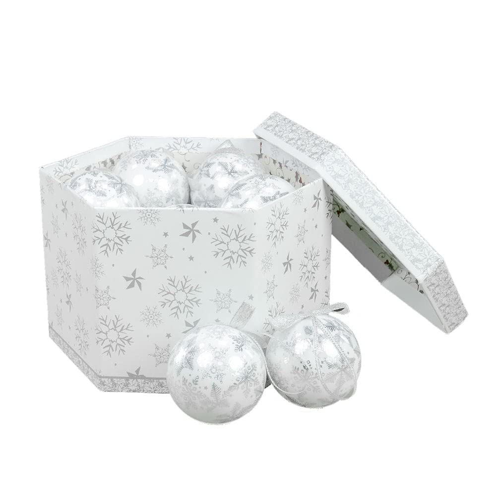 The Christmas Workshop Set of 14 Christmas Baubles/Various Festive Designs/Gift Boxed Christmas Tree Decorations / 7.5cm Diameter Baubles (White & Silver Snowflake)