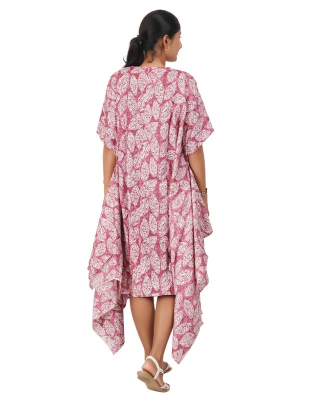 Image of MENMAII Women's Cotton Designer Dress|Fits up to 3XL| Front Open Button Down | Asymmetrical Hem | Chelsea Collar | Drop Shoulder | Flowy Loose Fit | Knee Length | Free Size [Pink Leaf]