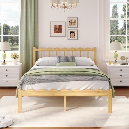 Image of ZIYOO 14 inch Full Bamboo Bed Frame with Wavy Headboard & Footboard | No Box Spring Needed, Easy Assembly Bamboo Platform Bed. Minimalist Japanese style, great for bedrooms, hotels and homestays.