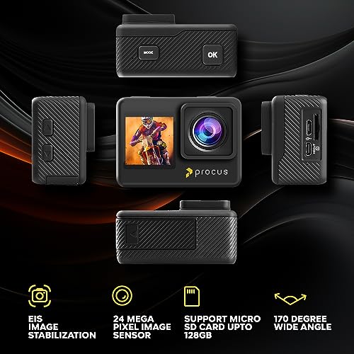 Image of PROCUS Rush Dual Screen 24MP Real 4K 60 FPS Action Camera with 6-Axis Gyro EIS Stabilization, 2X Batteries, USB Type-C External Mic, 170 Wide Angle & 24+ Accessories (with EIS & Dual Screen)