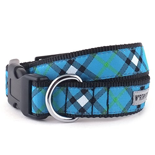 The Worthy Dog Bias Plaid Dog Collar Adjustable and Breathable Nylon Pets Collar with Strong Quick Release Buckle Fits Large Dogs Blue
