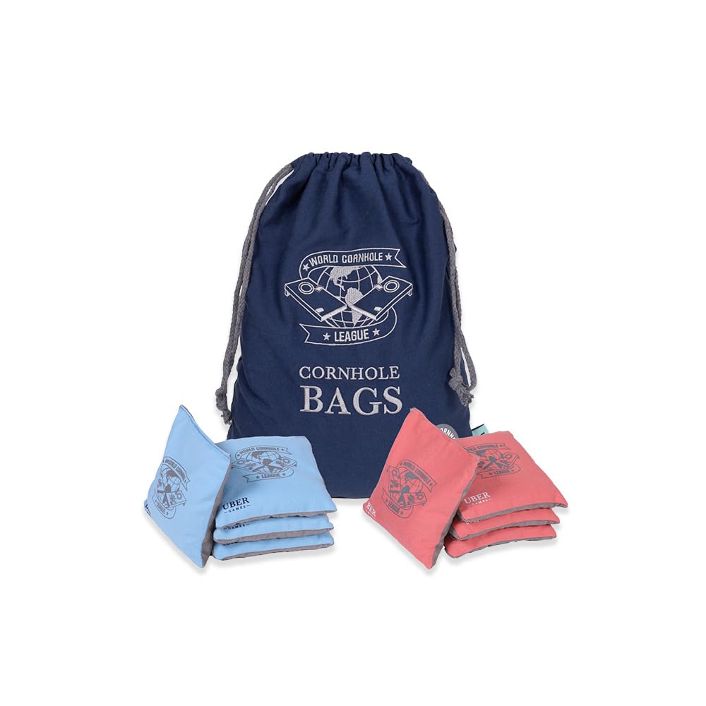 Uber Games - World Cornhole League – 8 sacs professionnels Cornhole – 4 x Sky& 4 x Coral – Dimensions officielles 15 cm x 15 cm et 450 g (16 oz) – Construction en tissu double face double couture