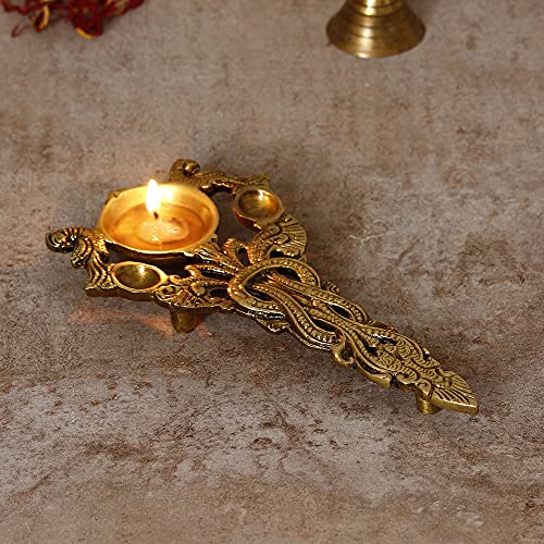 Image of eCraftIndia Golden Ethnic Carved Brass Diya with Handle for Pooja Room and Temples- Diwali Decoration Items for Home Decor- Gift for Diwali Housewarming