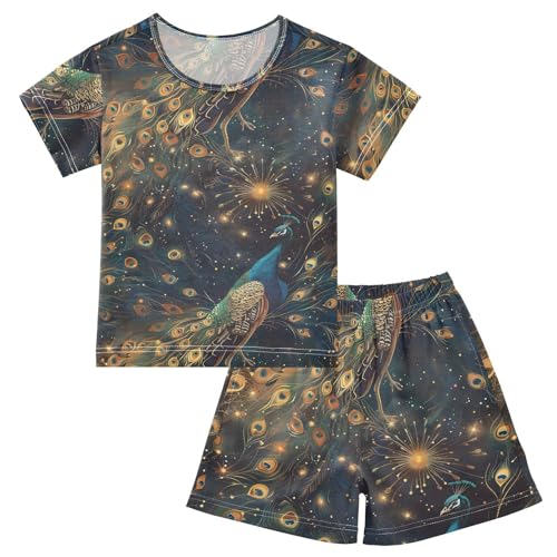 ALAZA Beautiful Peacock Starry Pajamas Short Sleeve 2 Piece Sleepwear Top and Bottom Pajama Set Unisex
