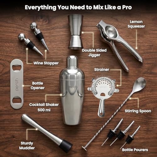 Image of O' Holic by Perch Portable Bar Bag Set | Premium Leatherette Travel Bartender Kit | 13-Piece Cocktail Shaker Set with Jigger, Strainer, Muddler & Bar Tools | Premium Gift for Men| Silver