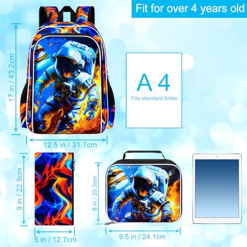 Image of 3Pcs Space Backpack for Boy, 17 inch Fire Bookbag for Elementary Preschool Kindergarten, Kids School Backpacks with Lunch Box (Red)