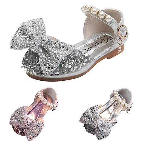 Girls Wedding Sandals Fashion Spring And Summer Girls Sandals Dress Dance Show Princess Shoes Rhinestone Bowknot Pearl (Silver-a, 10 Toddler)2