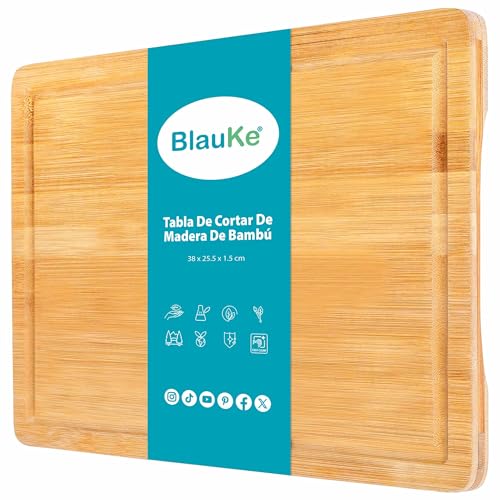 Tabla de Cortar para Cocina, Madera de Bambú (38x25cm) – Bandeja para Servir Comida, Tabla de Madera para Cortar Carnes, Verduras, Quesos, Pan, Embutidos – Tabla de Cocina BlauKe®