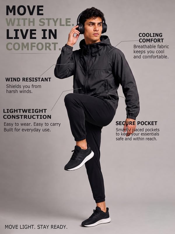 Image of CHKOKKO Windcheater Jacket For Men With Hood UPF 50+ UV Sun Protection | Lightweight Breathable Water-Repellent Windbreaker | Nylon Fabric Outdoor Running Biker Dailywear Jacket