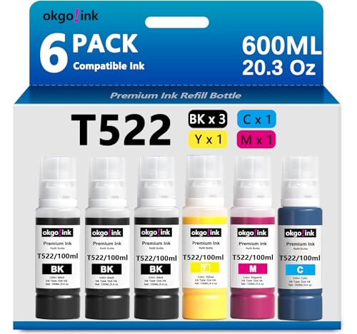 Compatible 522 T522 Ink Refill Bottles ET-2800 ET-4800 ET-2400 ET-2803 Replacement for Epsom (20.3 Fl Oz) for Eco Tank ET-2720 ET-2840 ET-4700 ET4800 ET-4810 Printer (6 Pack, 600ml) Black Color