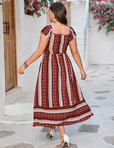 Image of ShopWonder Women Plus Size Maxi Dress Smocked Short Sleeve High Waist Boho Casual Summer Dress