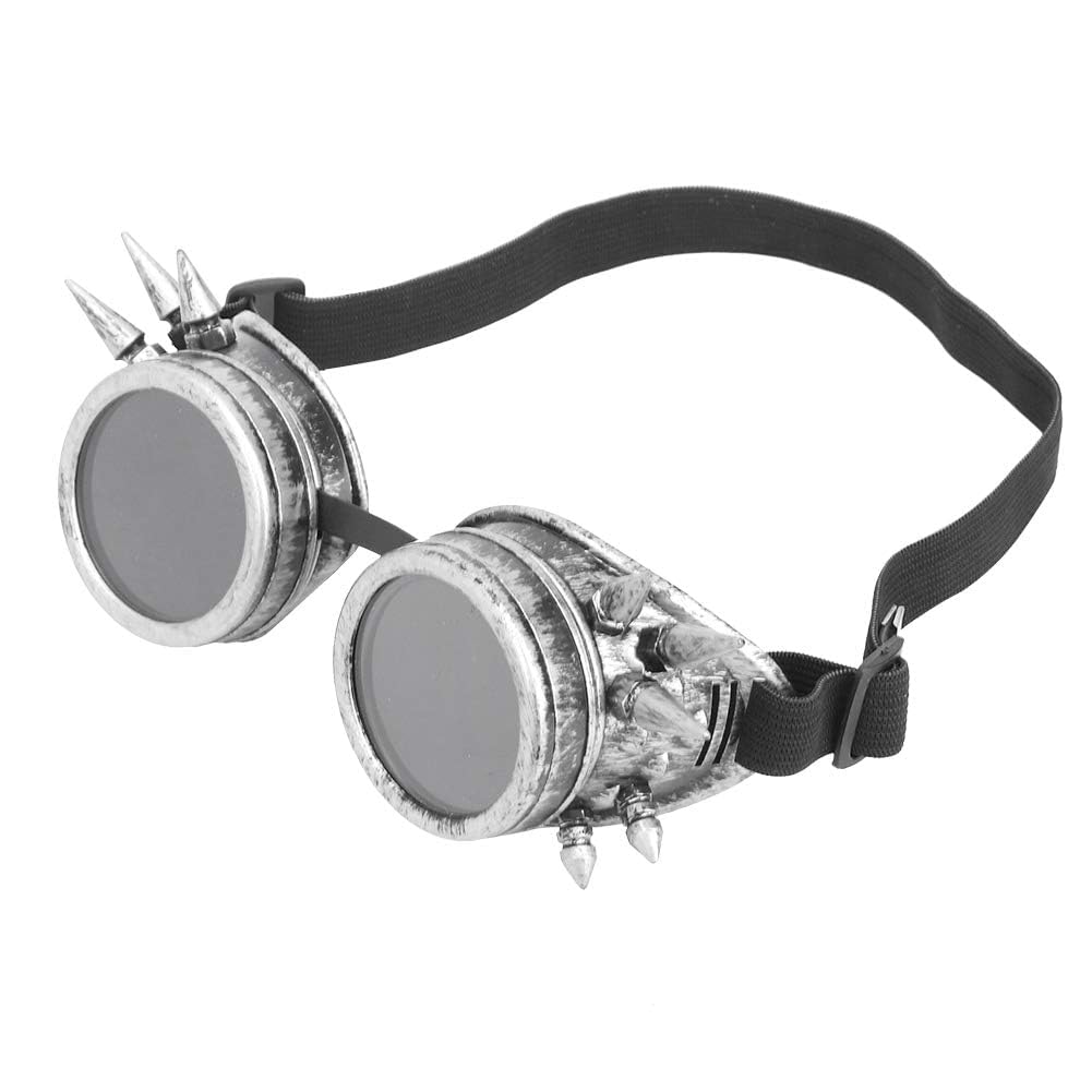 HERCHR Steampunk Goggles, 55mm/2.17inch Frame Vintage Spiked Kaleidoscope Goggle Cycling Glasses Double Layer Windproof Sunglasses Costume Accessory for Punk Gothic Cosplay Party (Aged Silver)