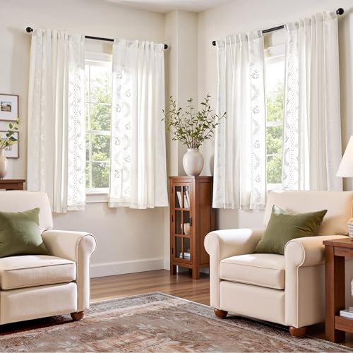 Image of jinchan Floral Linen Curtains 63 Inch Farmhouse Back Tab 2 Panels