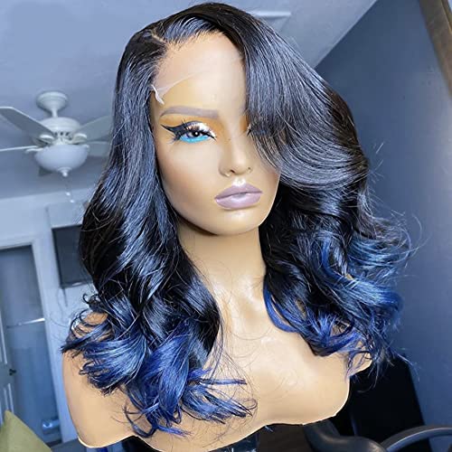 JYZ 1B Blue Ombre Color Lace Front Wigs Human Hair 150% Densty Wigs for Black Women Human Hair Pre Plucked Natural Hairline with Baby Hair Remy Hair 13x4 Lace Front Human Hair Wigs 22 Inch Free Part