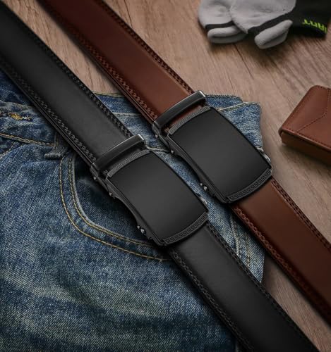 Image of BULLIANT Men's 2-Pack Ratchet Leather Belt Trimmable 1 3 /8 inch-Gift Boxed