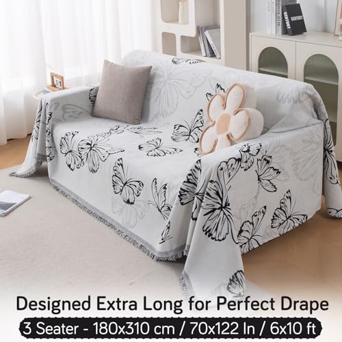 Image of HOKIPO 320 GSM Chenille Sofa Throw Blanket for 3 Seater Sofa - Printed All-Season Sofa Cover, 'Serene Abode Series' Monochrome Butterfly (180x310 cm) (AR-6633-D8)