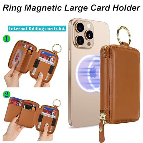 Image of Compatible with MagSafe Wallet,Magnetic Phone Wallet Card Holder for iPhone 17 /16 Pro Max /15 plus /14 Pro /13 /12 Series,PU Leather Zipper Pocket Adjustable Stand-Brown
