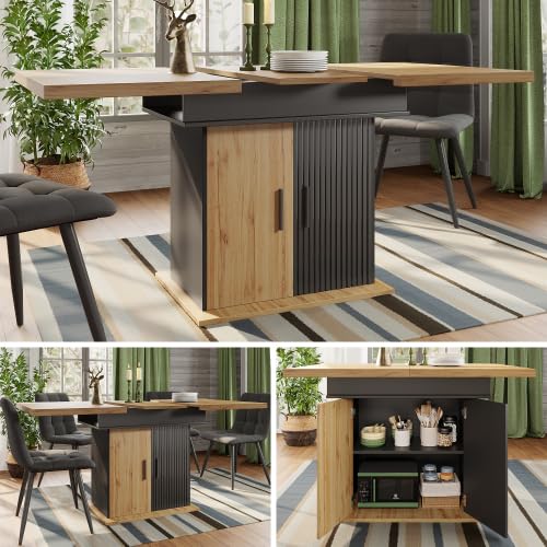 Mesa de comedor extensible de 110 a 140 cm, estilo retro con puertas moldeadas al vacío, mesa de cocina plegable para 4-6 personas con espacio de almacenamiento y estantes ajustables, color