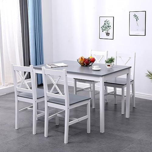 sogesfurniture Juego de comedor de 5 piezas, con mesa de comedor, 108 x 65 x 73 cm, y 4 sillas, rectangular, para salón, comedor, color blanco y gris (10QDLC)